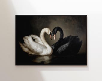 Dark Academia Art Print, Romantic Swan Heart Painting, Moody Gothic Wall Decor, Wedding & Anniversary Gift DIGITAL DOWNLOAD