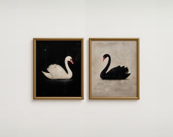 Romantic Swan Oil Painting Set of 2, Dark Academia Decor, Moody Gallery Wall Prints, Vintage Black and White Swan Wall Art DIGITAL DOWNLOAD