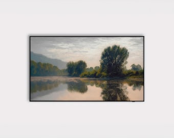Neutral Summer Landscape Samsung Frame TV Art, Mist River Reflection, Moody Cottagecore Painting, 16:9 (4K) Digital Download