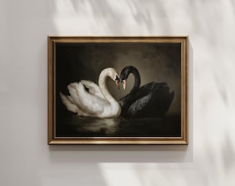 Romantic Swan Wall Art - Black and White Swans Heart Print, Dark Academia Decor, Digital Download Oil Painting