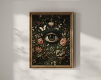 Dark Academia Wall Art - Dipinto surreale di occhi e fiori, arte gotica romantica, surrealismo oscuro, opera d'arte mistica DOWNLOAD DIGITALE