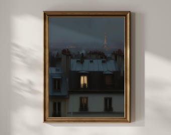 Moody Paris Oil Painting - Night Cityscape - Eiffel Tower View - Dark Blue Printable DIGITAL DOWNLOAD