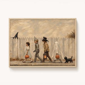 May include: A framed oil painting depicting four children in Halloween costumes walking in a line past a white picket fence. The figures are dressed as a girl in a blue dress, a tin man, a scarecrow with a lantern, and a ghost, accompanied by a black cat.