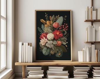 Moody Dark Floral Bouquet Print, Vintage Inspired Dark Academia Wall Art, Rustic Gothic Flower Painting,  Printable DIGITAL DOWNLOAD
