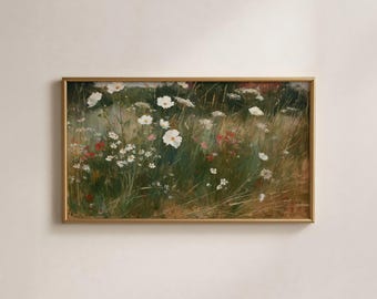 Vintage Floral Samsung Frame TV Art, Summer Wildflower Meadow, Neutral Cottagecore Painting, Spring Country Farmhouse, Digital Download