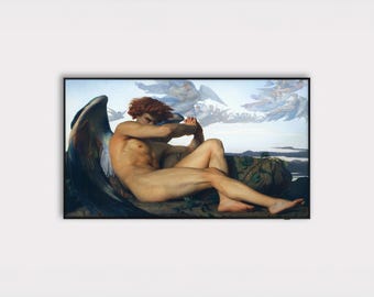 Fallen Angel Samsung Frame TV Art 4K,  Moody Dark Academia TV Wallpaper, Vintage Biblical Lucifer Painting, Digital Download