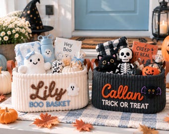 Cesta de Halloween personalizada, cesta de truco o trato con nombre personalizado, cubo de dulces con nombre bordado, cesta de regalo de Halloween