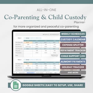 May include: A laptop screen shows a co-parenting and child custody planner. The display features a weekly schedule with sections for parent responsibilities, drop-off times, and pick-up locations. Includes a custody calendar and expense splitter.
