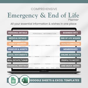 Emergency & End of Life Planner Google Sheets and Excel XLS Template | Editable In Case of Emergency Binder and End-of-Life Planning Toolkit