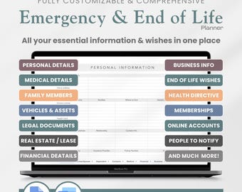 Planificador de emergencias y fin de vida (Plantilla de Google Docs y Word Docs)/Carpeta editable para casos de emergencia y kit de herramientas para la planificación del fin de vida