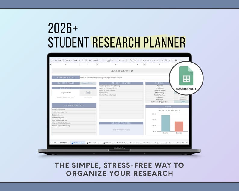 2026 student research planner and dissertation tracker in google sheets to organize academic research