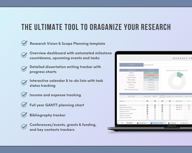 tool to organize your research project with dashboard, planning template, research budget, thesis writing tracker, project timeline and more