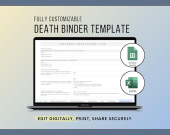 Plantilla de carpeta de defunción para Google Sheets y Excel XLS / Planificador editable para el final de la vida