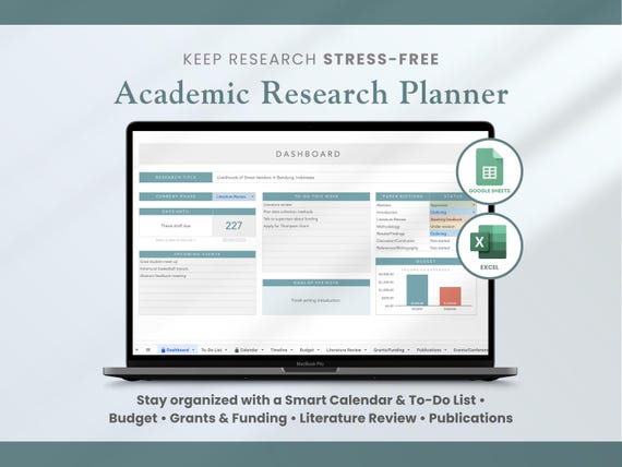 Academic Research Planner in Google Sheets & Excel | Research Organizer and Dissertation Planner with Calendar, Timeline, Literature Review