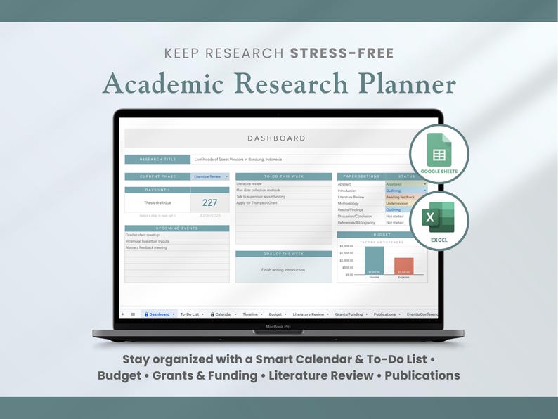 google sheets and excel academic planner, research and dissertation planner