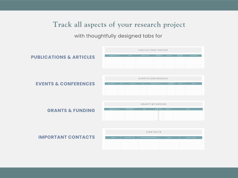 spreadsheet to manage publications and articles tracker, conferences and student events, grants and funding tracker, important academic contacts in google sheets