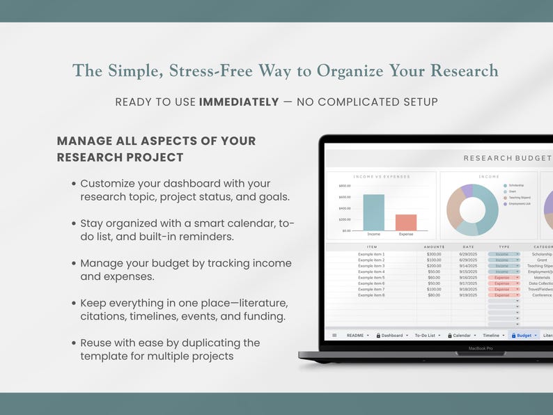 research organizer template in google sheets to manage dissertation, project timeline, student budget