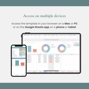 research planning dashboard on google sheets on tablet and phone, mac, pc