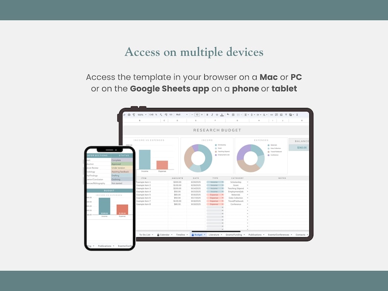 research planning dashboard on google sheets on tablet and phone, mac, pc