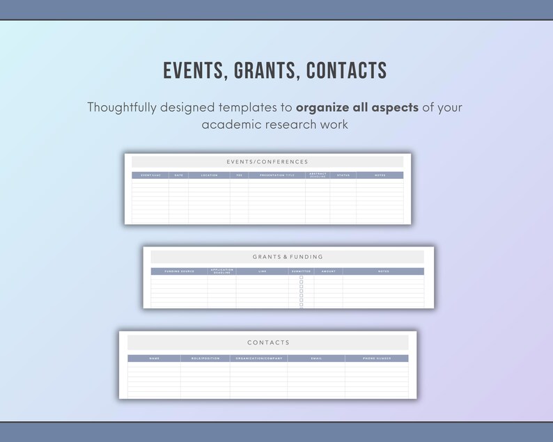 student events, research grants, and contacts for student planner spreadsheet