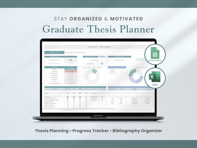 graduate thesis planner spreadsheet template in google sheets and excel for thesis planning, progress tracking, bibliography organizer
