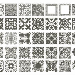 May include: A set of 36 black and white decorative square patterns. The patterns are intricate and detailed, featuring geometric shapes, floral motifs, and other designs.