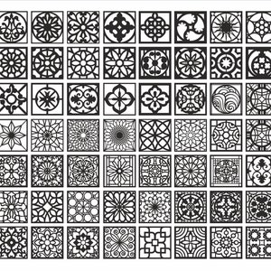 Könnte beinhalten: Ein Satz von 48 geometrischen Mustern in Schwarzweiß, jedes in einem quadratischen Rahmen. Die Muster sind kompliziert und detailliert und zeigen eine Vielzahl von Formen und Designs.