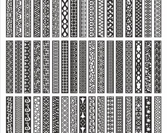 May include: A set of 72 black and white decorative border designs. The borders are made up of various geometric and floral patterns.