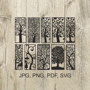 May include: Set of ten black and white digital cut files featuring various tree designs. The designs are perfect for creating decorative wall art, stencils, or laser cut projects. JPG, PNG, PDF, SVG.