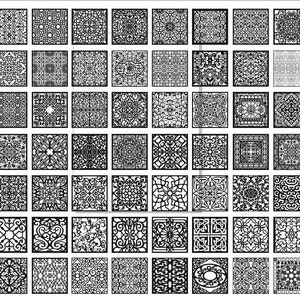 May include: A set of 64 black and white intricate square patterns. The patterns are geometric and floral in design. They are ideal for use in crafts, home decor, and other projects.