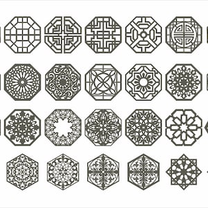 Puede incluir: Un conjunto de 32 diseños geométricos octogonales y en forma de estrella en blanco y negro. Los diseños son intrincados y detallados, con una variedad de patrones y formas.