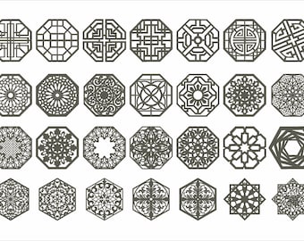 Hexagon coasters 28 pc. set. Collection 44. Mandala pattern. Geometric Vector files, for laser cut, cnc. CDR, EPS, svg, ai, plt, png