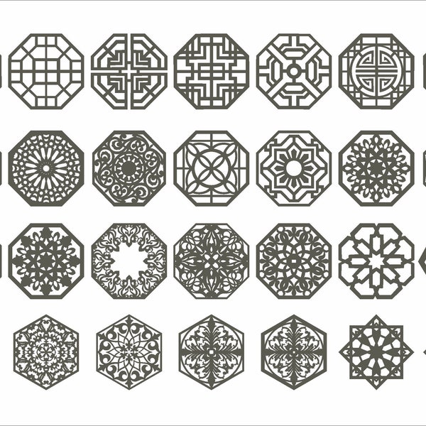 Hexagon coasters 28 pc. set. Collection 44. Mandala pattern. Geometric Vector files, for laser cut, cnc. CDR, DXF, EPS, svg, ai, plt, png