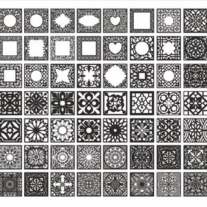 May include: A set of 64 black and white square design templates. The designs are intricate and feature geometric patterns, floral motifs, and abstract shapes.