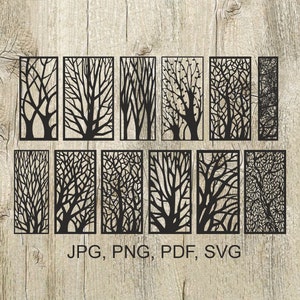 May include: Set of ten black and white digital cut files featuring various tree branch designs. The designs are perfect for creating decorative wall art, stencils, or laser cut projects. JPG, PNG, PDF, SVG.