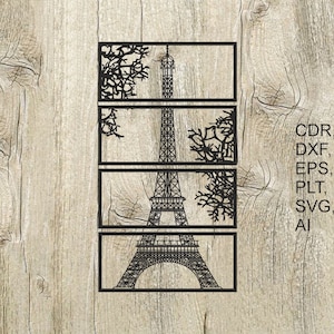 Puede incluir: Una silueta en blanco y negro de la Torre Eiffel en París, Francia, con ramas decorativas a cada lado. La imagen está dividida en tres secciones, con la Torre Eiffel abarcando las tres secciones.