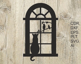 File 050. Cat in the window.  Vector files, for laser cut, cnc, digital files cdr, dxf, eps, ai, svg, plt