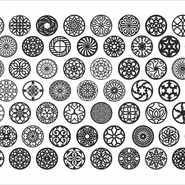 Round mandala coasters 56pc. set. Collection 25.  Mandala pattern. Geometric Vector files, for laser cut, cnc. CDR, DXF, EPS, svg, ai, plt