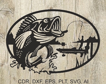 May include: Black and white silhouette of a largemouth bass jumping out of the water with a fishing rod and a fisherman in the background. The image is in an oval shape.