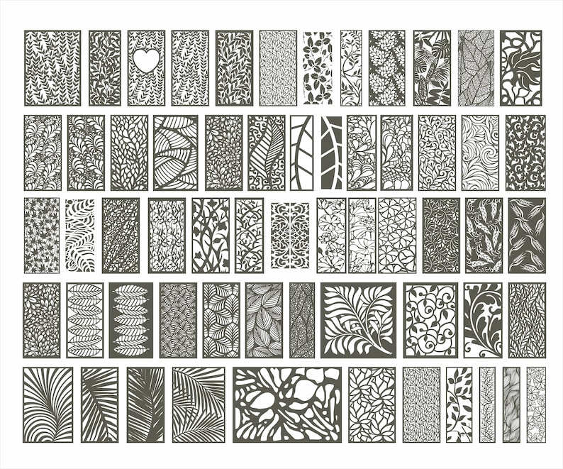 Peut inclure: Un ensemble de 48 fichiers de d&eacute;coupe num&eacute;riques en noir et blanc pr&eacute;sentant divers motifs floraux et de feuilles. Les motifs sont parfaits pour cr&eacute;er des &eacute;crans d&eacute;coratifs, des cloisons ou d'autres projets d'artisanat.