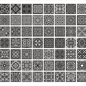 スクエアパネルコレクション 34、細かい幾何学模様。ベクターファイル、レーザーカット、CNC用。CDR、DXF、EPS、SVG、AI、PLT