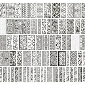 May include: A collection of 100 black and white decorative laser cut patterns. The patterns are intricate and feature floral designs, geometric shapes, and swirls. The patterns are arranged in a grid format.