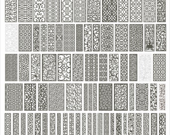 May include: A collection of 100 black and white decorative laser cut patterns. The patterns are intricate and feature floral designs, geometric shapes, and swirls. The patterns are arranged in a grid format.