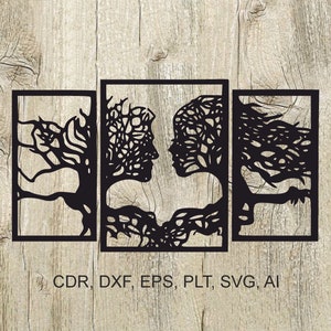 May include: Three black metal wall art panels with a design of two intertwined trees forming the silhouettes of two faces. The design is reminiscent of a couple's love.