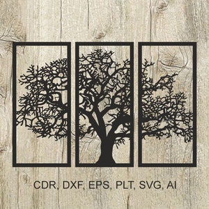 May include: Three black silhouette tree designs in rectangular frames. The trees are stylised with intricate branches and a thick trunk. The frames are set against a woodgrain background.