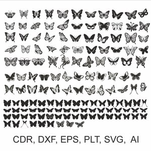 May include: A large collection of black butterfly silhouettes in various sizes and wing shapes. The butterflies are arranged in rows, creating a pattern. The image includes the text "CDR, DXF, EPS, PLT, SVG, AI".