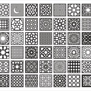 スクエアパネルコレクション 41、幾何学模様。ベクターファイル、レーザーカット、CNC用。CDR、DXF、EPS、SVG、PNG