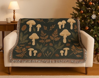 Manta tejida Bosque de Setas / Manta estilo Cottagecore con motivos botánicos