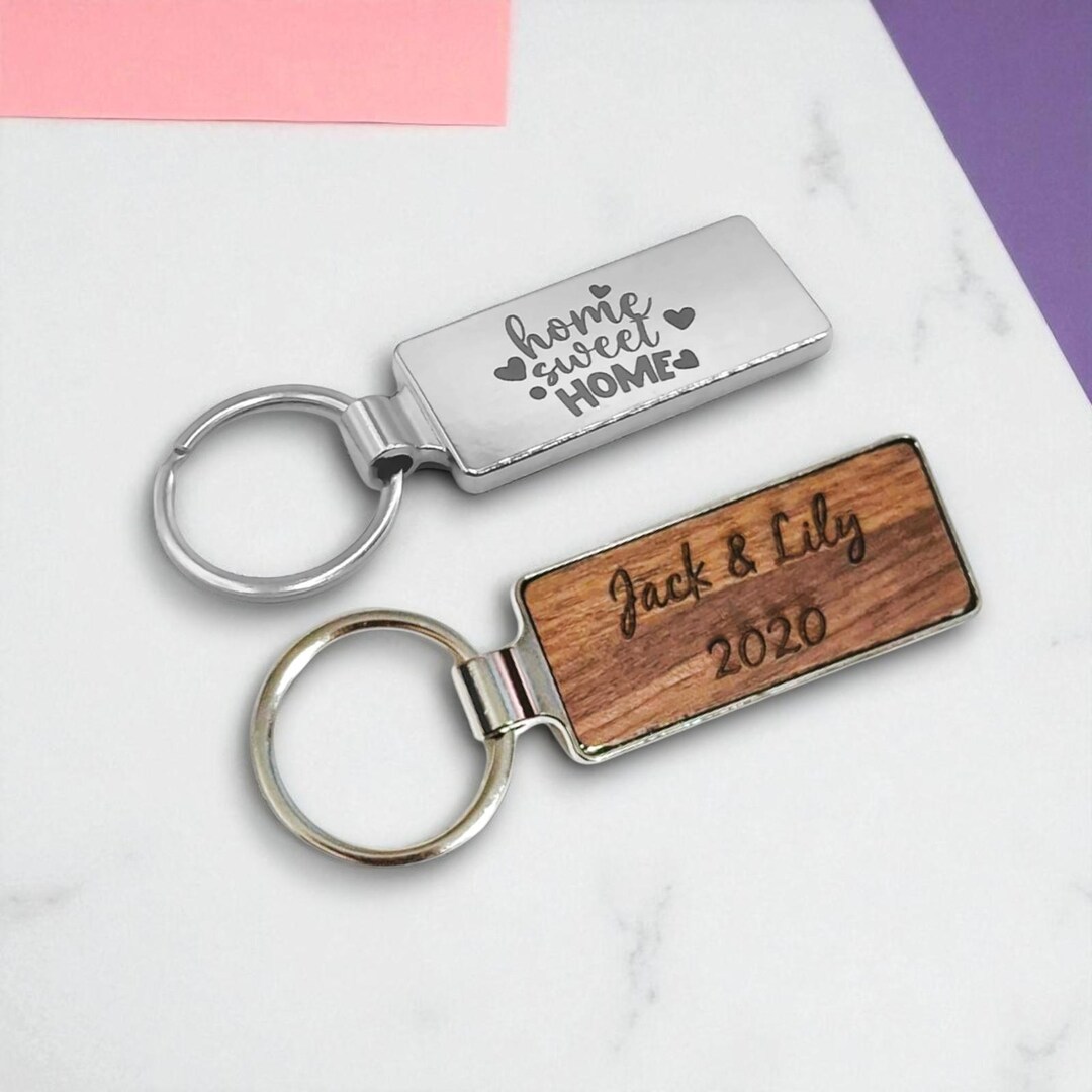 Rectangular Engraved Key Rings Personalized Steel & Walnut Wood Keychain: Dual-side Engraved Key Ring ...