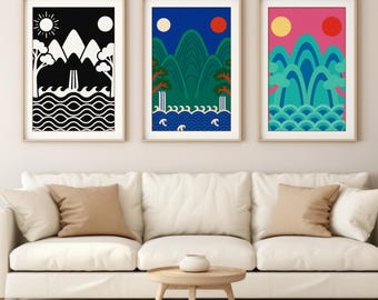 Set di stampe di paesaggi di arte popolare coreana, arte murale ispirata a Irworobongdo